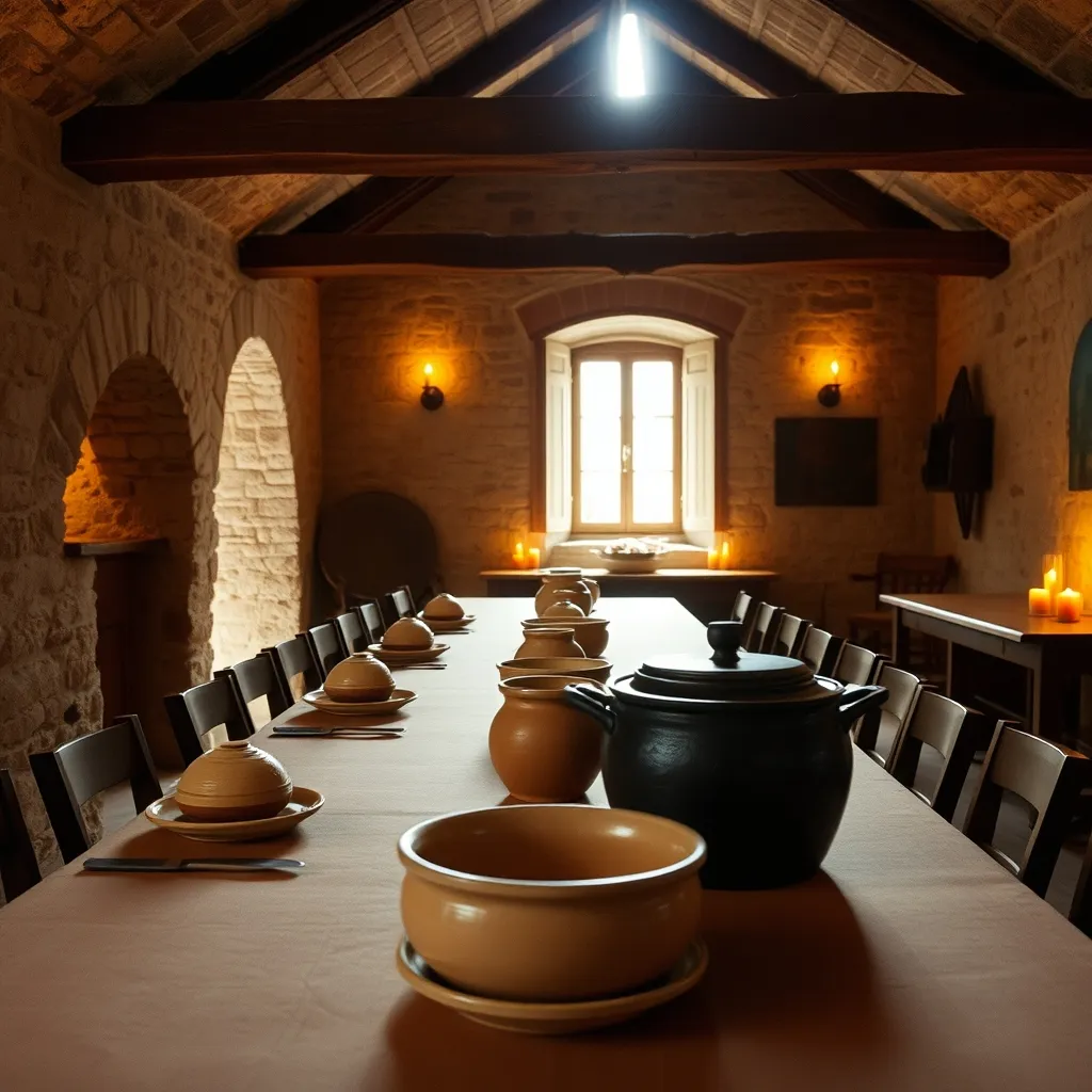 L'intérieur d'un buron cantalien : murs épais en pierre volcanique et table dressée pour le service unique