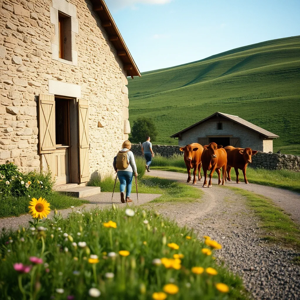 Arrivée à une ferme-auberge cantalienne après une randonnée sur les estives