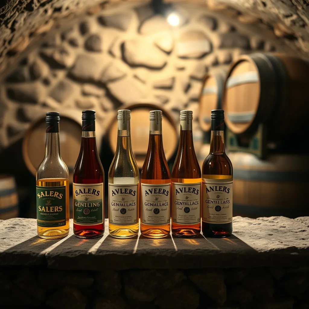 Bouteilles de gentiane liqueur alignées dans une cave traditionnelle du Cantal
