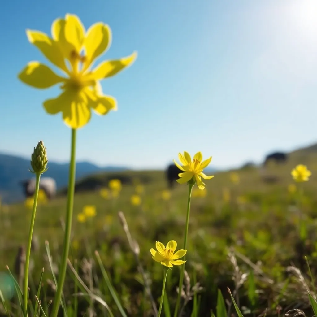 Gentianes jaunes en fleur sur les pâturages d'altitude près du Puy Mary, en juin