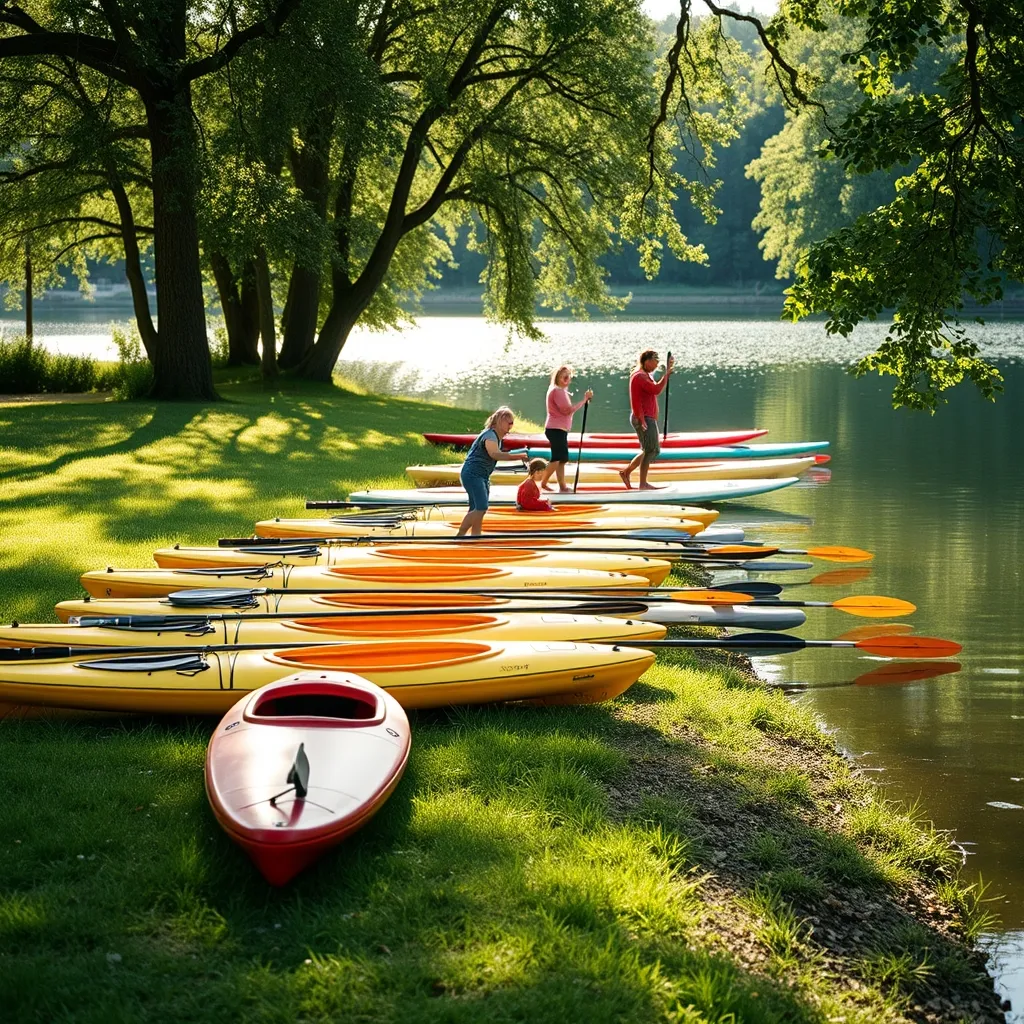 Canoës et paddles prêts à partir depuis la base nautique de Lacapelle-Viescamp