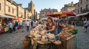 Marché en plein air dans un bourg du Cantal avec ses étals de fromages et de produits du terroir