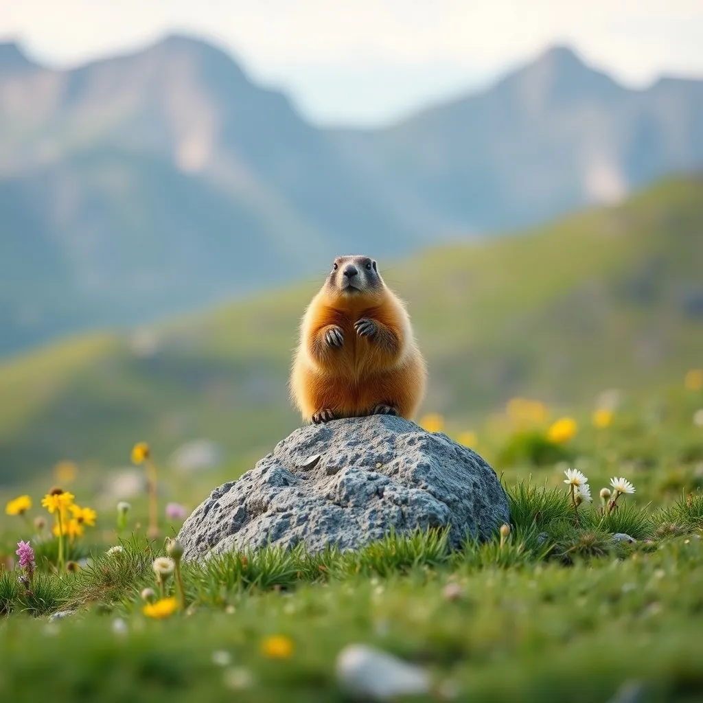 Marmotte alpine en alerte sur un bloc de basalte, estives du Puy Mary