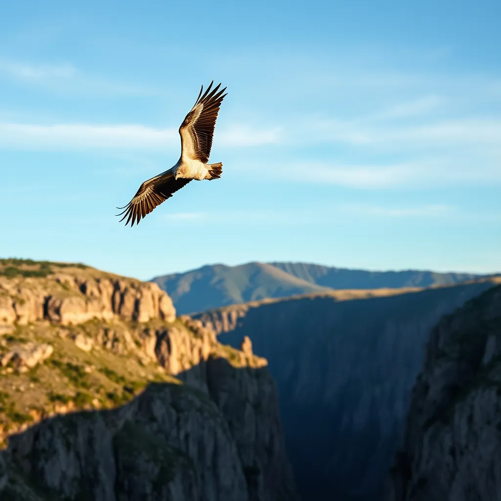 Vautour fauve en vol plané au-dessus des gorges de la Truyère, sud du Cantal