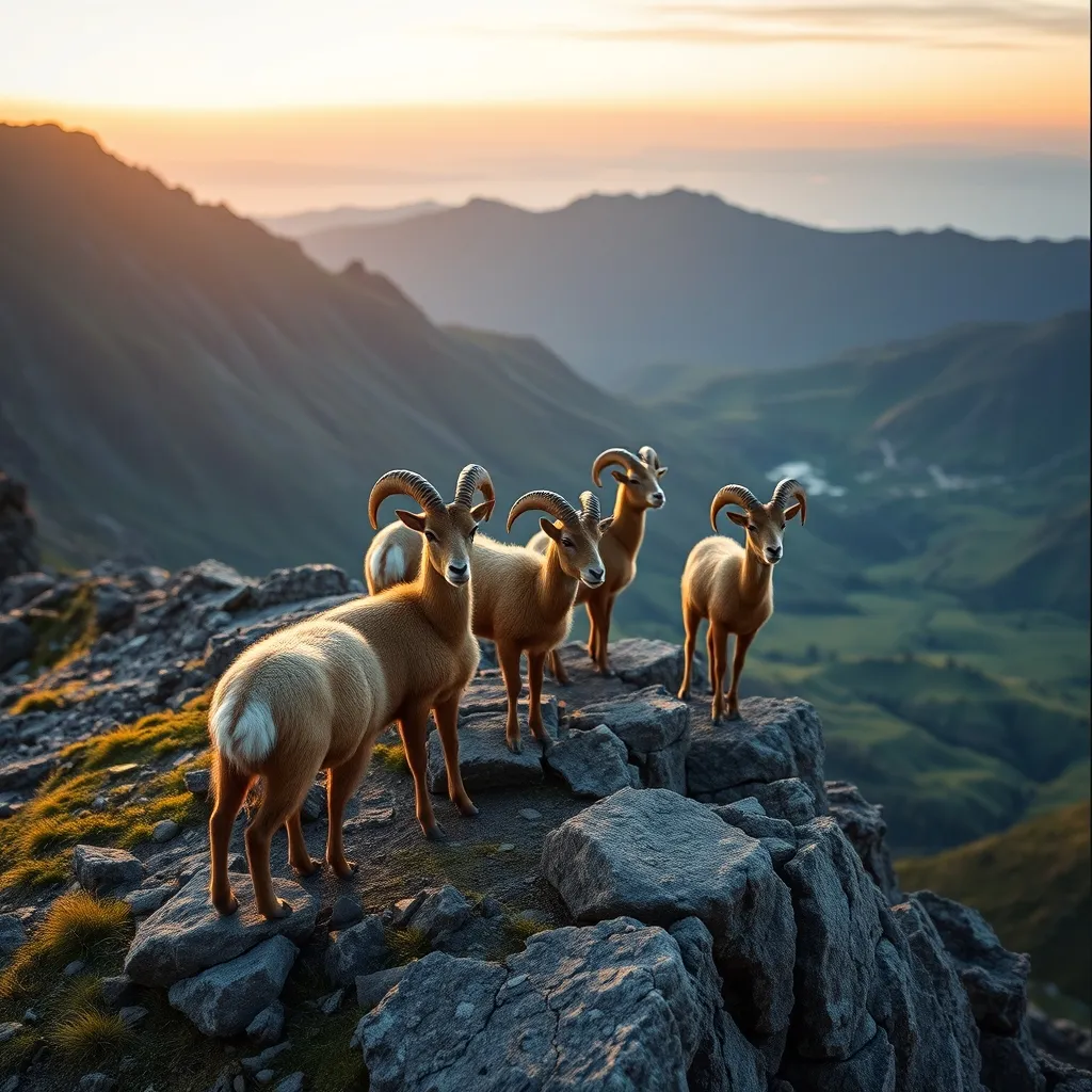 Mouflons de Corse sur les crêtes rocheuses du cirque du Falgoux, massif cantalien