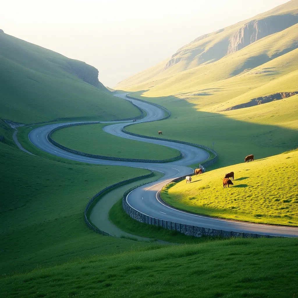 Les lacets de la D680 montent vers le col au milieu des pâturages où paissent les vaches Salers