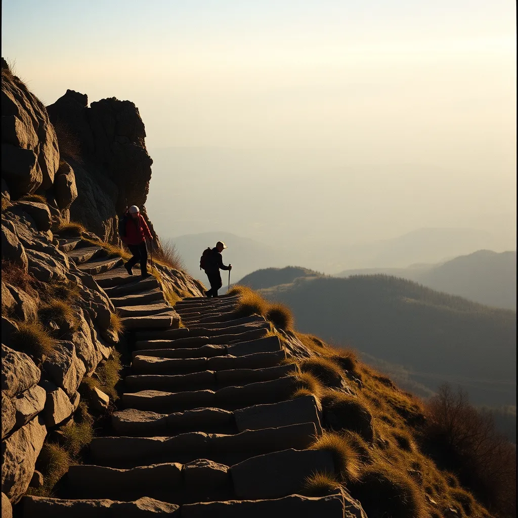 Le sentier aménagé en escaliers de pierre conduit du parking du Pas de Peyrol au sommet du Puy Mary en trente minutes