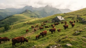 Troupeau de vaches Salers sur les estives du Cantal, avec leur robe acajou caractéristique et les sommets volcaniques en arrière-plan
