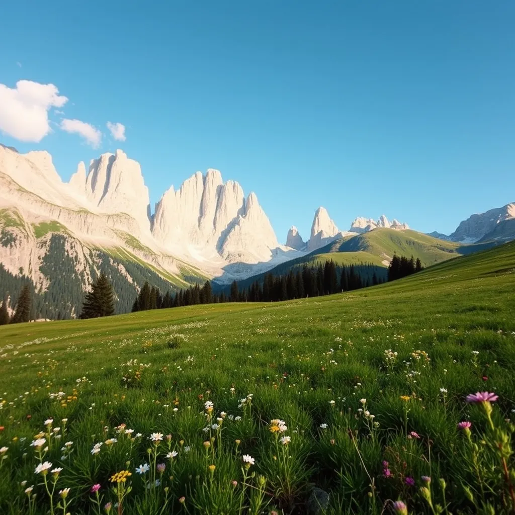 Les prairies fleuries du Val di Funes face aux aiguilles des Odle en début d'été