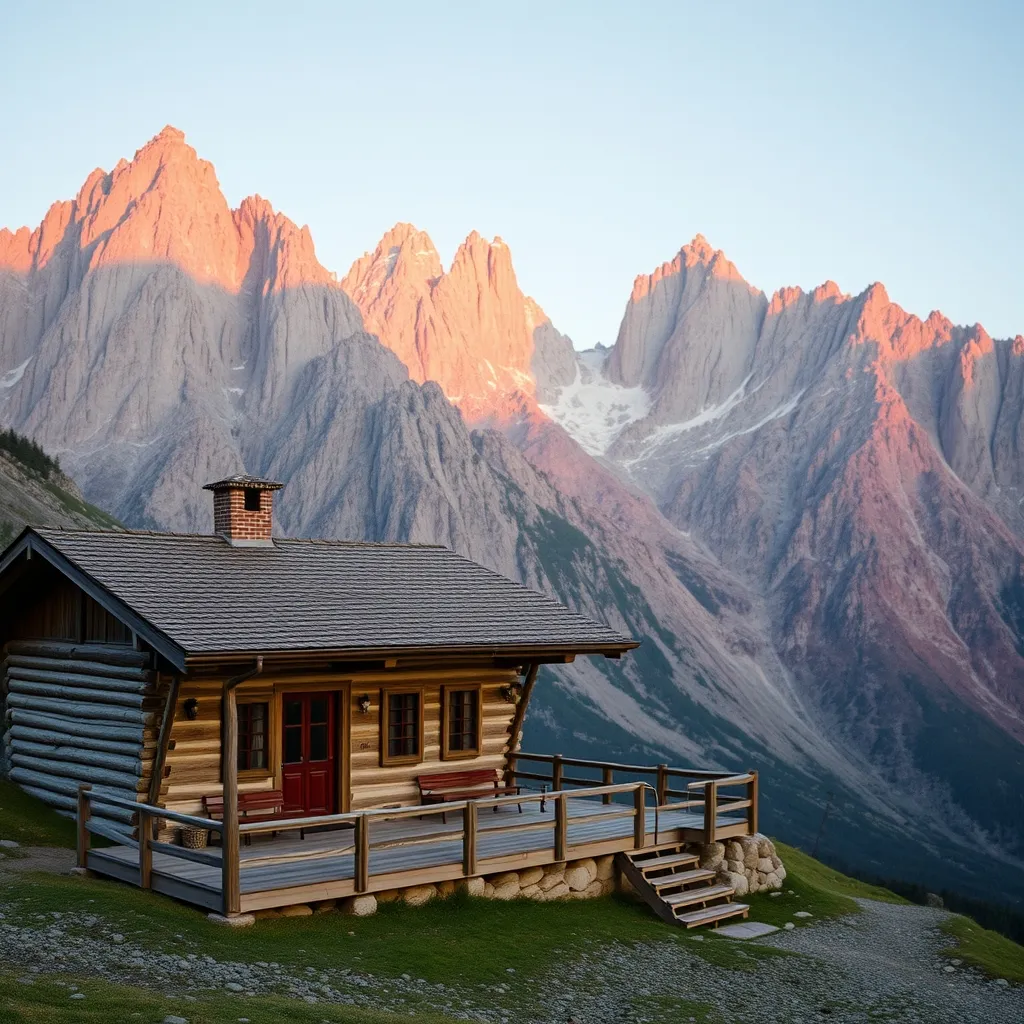 Un refuge d'altitude dans les Dolomites au coucher du soleil, quand les parois se teintent de rose
