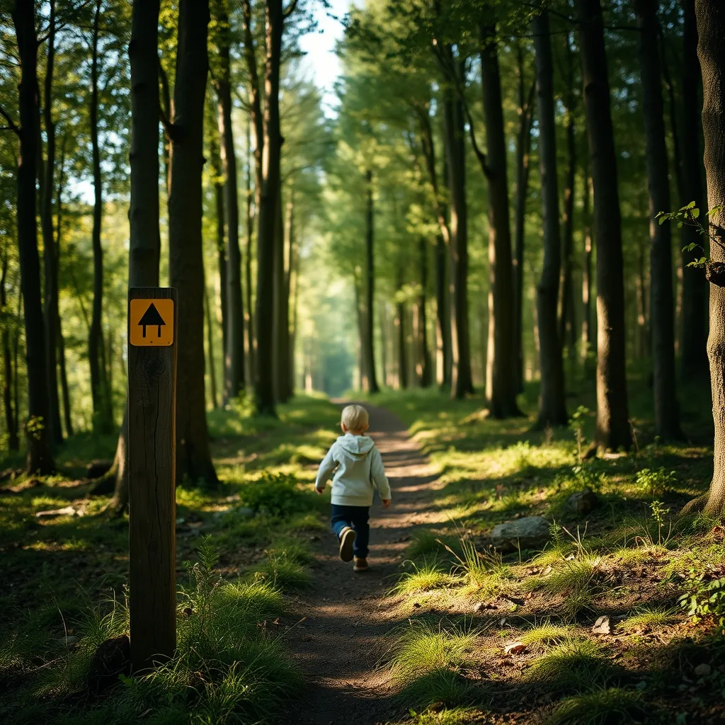 Enfant sur un sentier balisé jaune en sous-bois de hêtres dans le Cantal