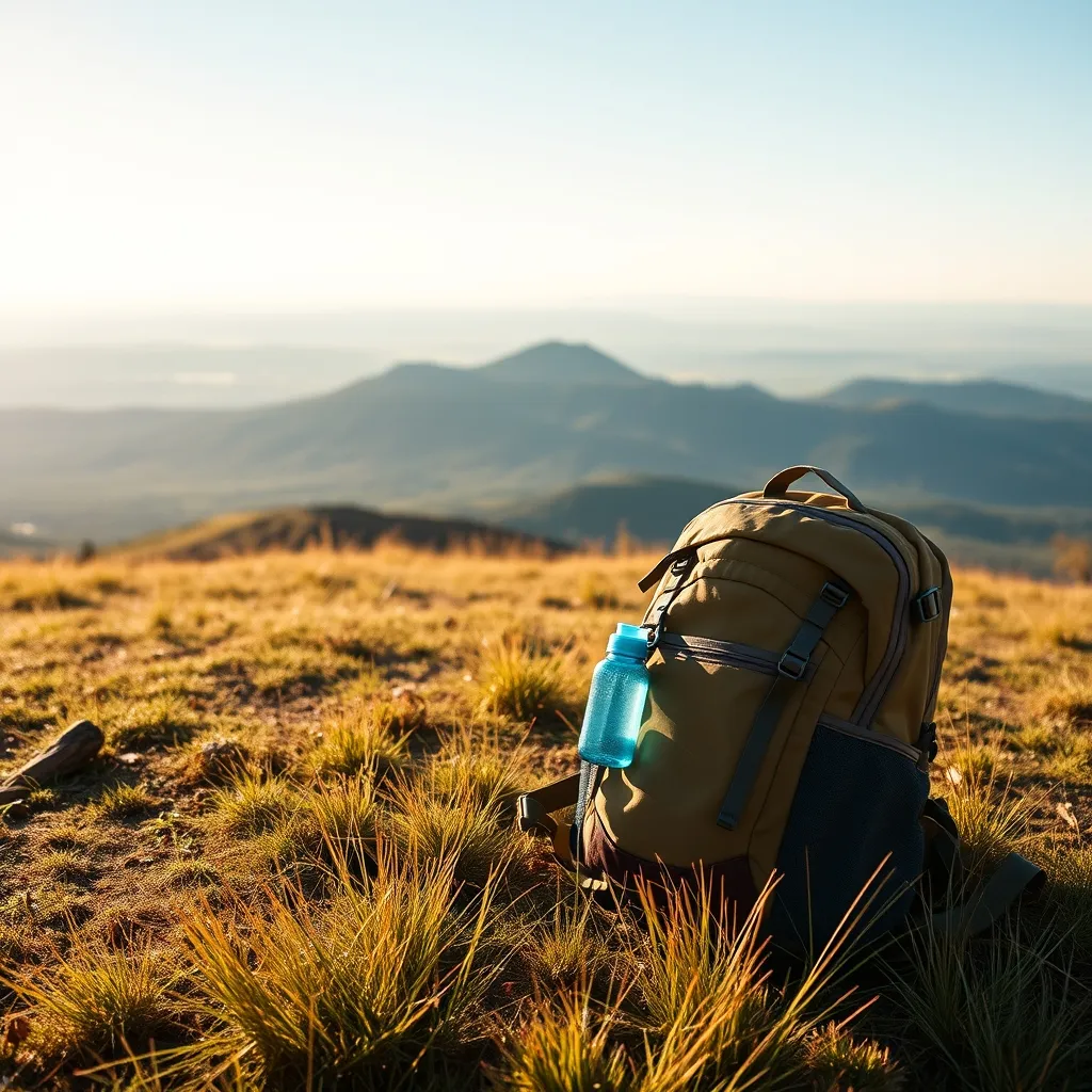 Petit sac à dos de randonnée posé sur l'herbe d'un plateau cantalien