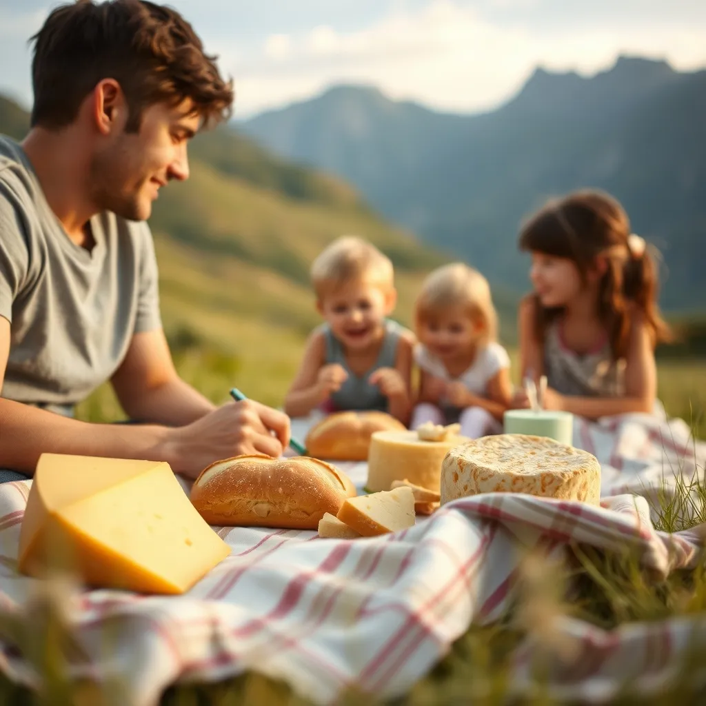 Pique-nique en famille sur une estive cantalienne avec fromage et pain de seigle