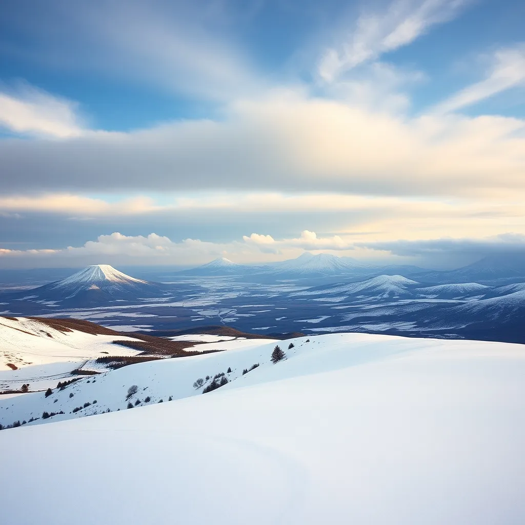 Vue panoramique depuis les crêtes enneigées du Cantal sur les estives et sommets environnants
