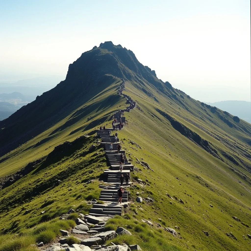 Le sentier aménagé en escaliers de pierre mène au sommet du Puy Mary en trente minutes depuis le Pas de Peyrol