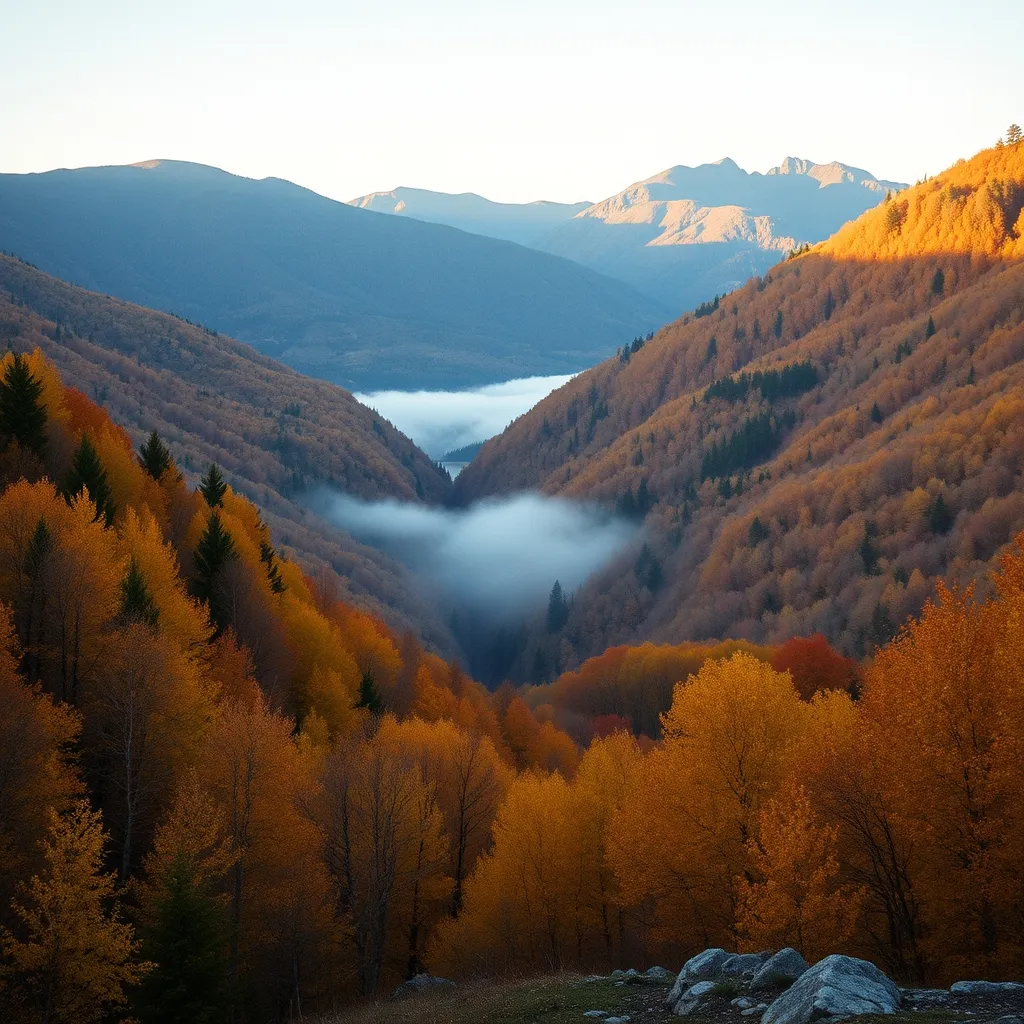 Les couleurs d'automne embrasent les vallées glaciaires visibles depuis la route des crêtes en septembre