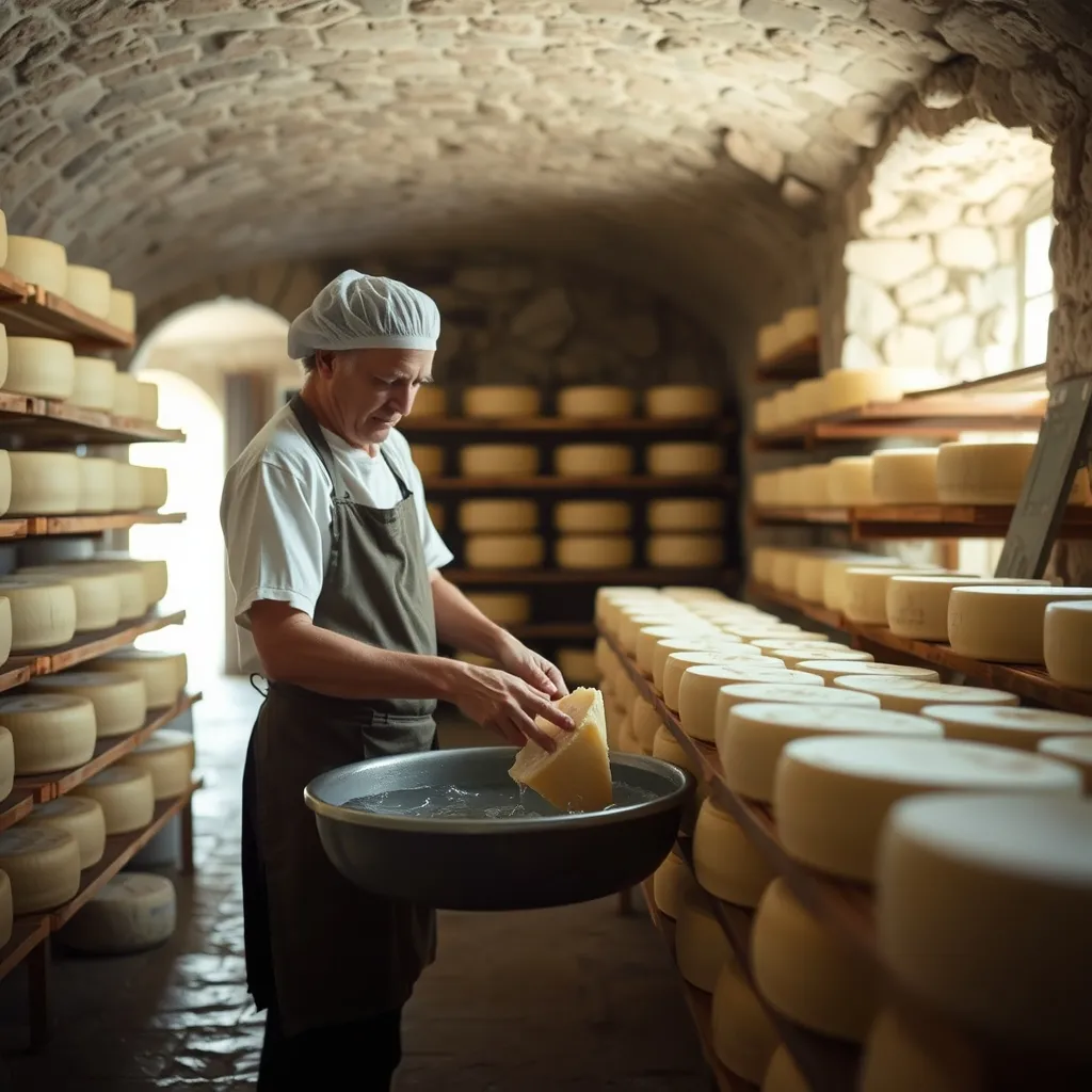 Affinage en cave : le fromager retourne et lave les meules de saint-nectaire sur des planches en bois