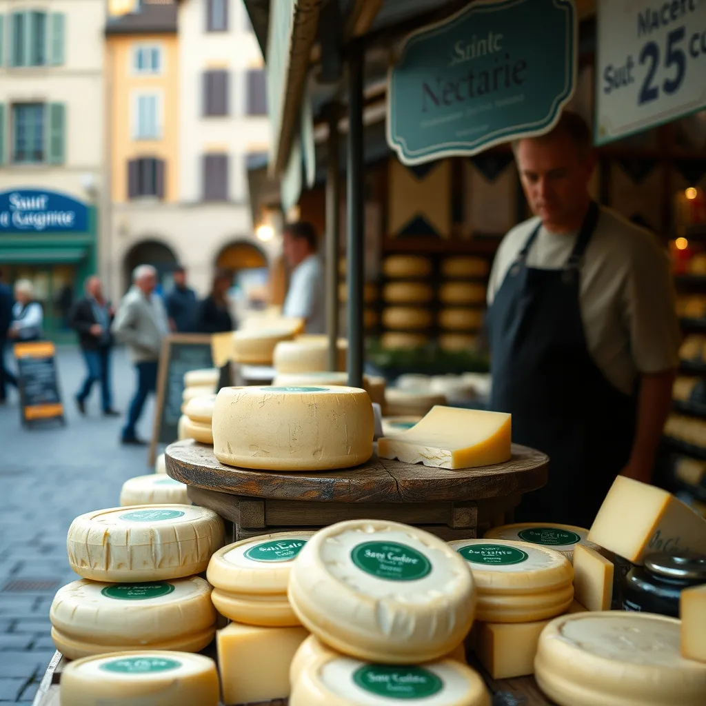 Étal de saint-nectaire fermier sur un marché auvergnat, les plaques ovales vertes bien visibles sur les croûtes