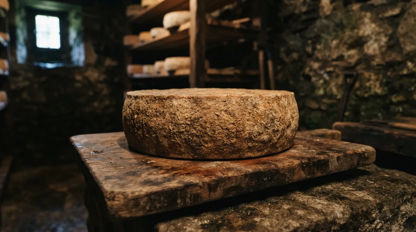 Meule de Salers AOP en cave d'affinage, reconnaissable à sa croûte épaisse brun-orangé