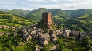 Le donjon du château d'Anjony domine les toits de lauze de Tournemire, dans la vallée de la Doire