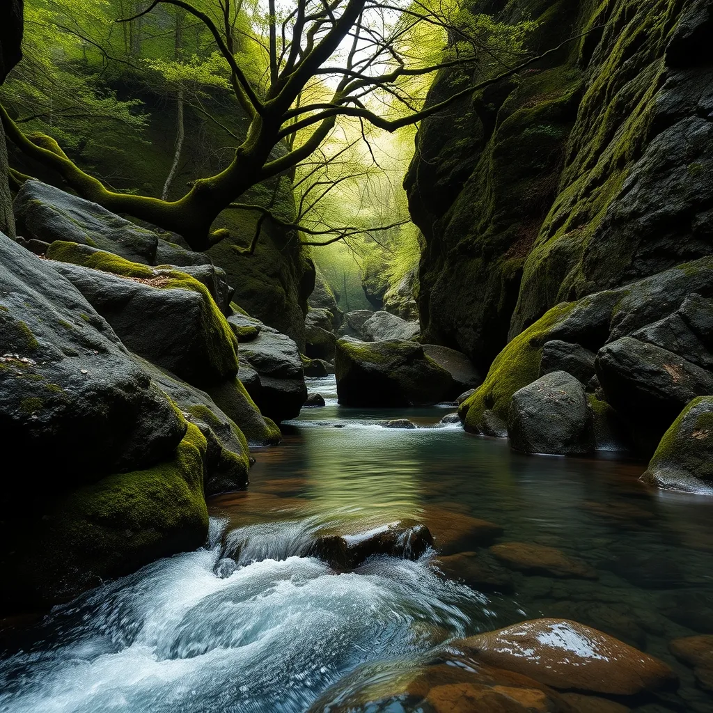La Cère dans sa partie haute, entre roches basaltiques et hêtraies, près de Thiézac