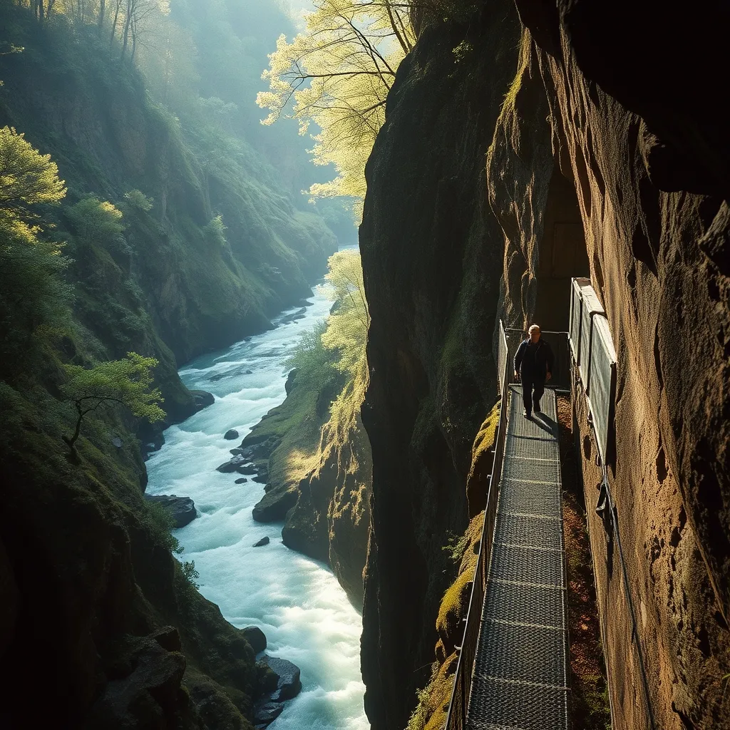 Les passerelles métalliques des gorges du Pas de Cère, accrochées aux parois basaltiques au-dessus de la rivière