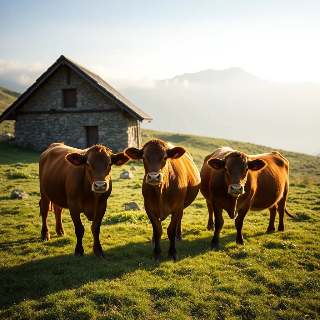 Vaches Salers sur les estives d'altitude au-dessus de la vallée du Mars, avec un buron restauré en arrière-plan