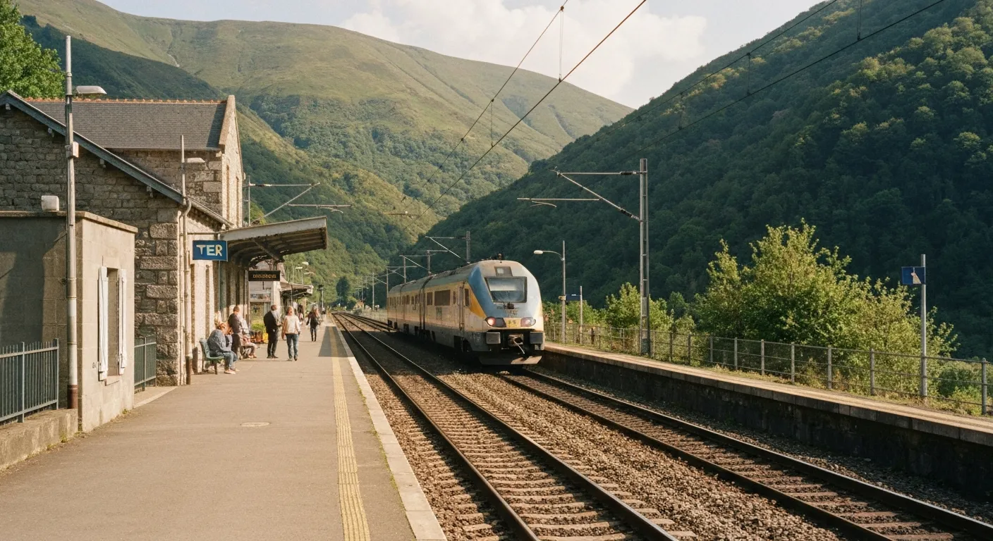 Un TER en gare dans le Cantal, au pied des montagnes volcaniques du massif