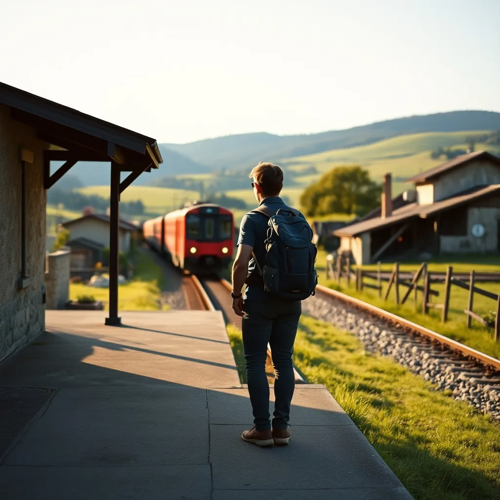 Un randonneur attend le TER sur une halte ferroviaire du Cantal pour enchaîner une étape du GR400