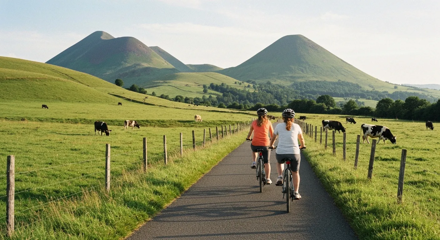 Une famille pédale sur la voie verte de Sumène-Artense, entre prairies et collines volcaniques du Cantal
