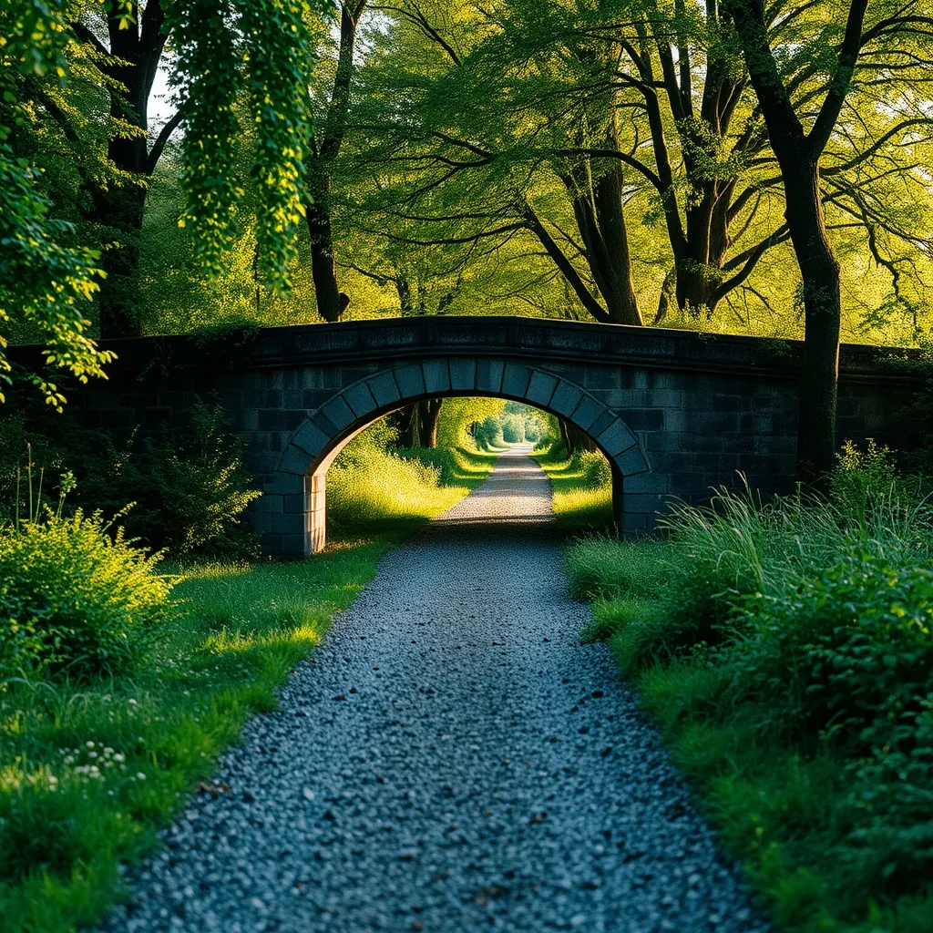 Un ancien pont ferroviaire en pierre enjambe la voie verte, vestige du tracé de chemin de fer reconverti