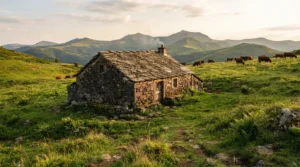 Buron en pierre volcanique sur les pâturages d'altitude du Cantal, avec son toit de lauzes caractéristique