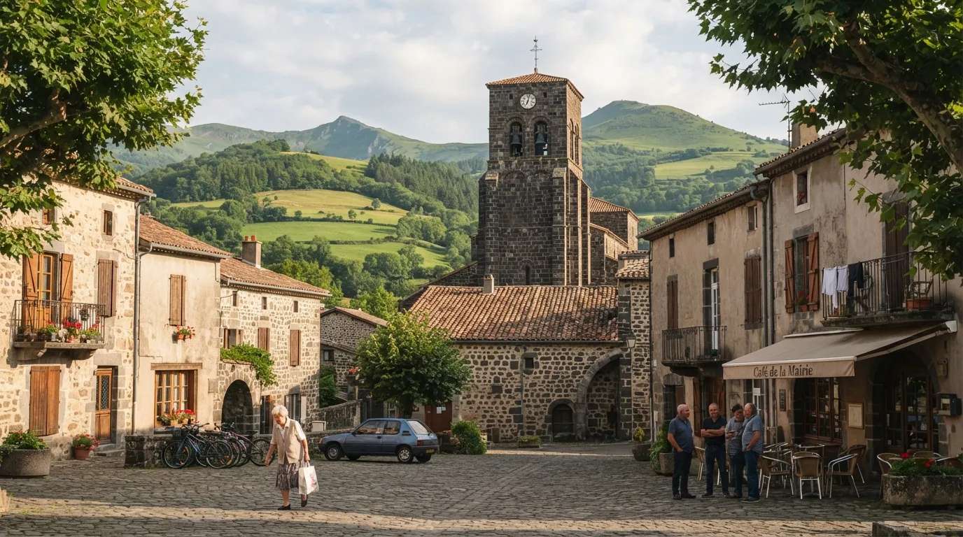Place centrale d'un bourg cantalien, entre pierre volcanique et collines d'élevage