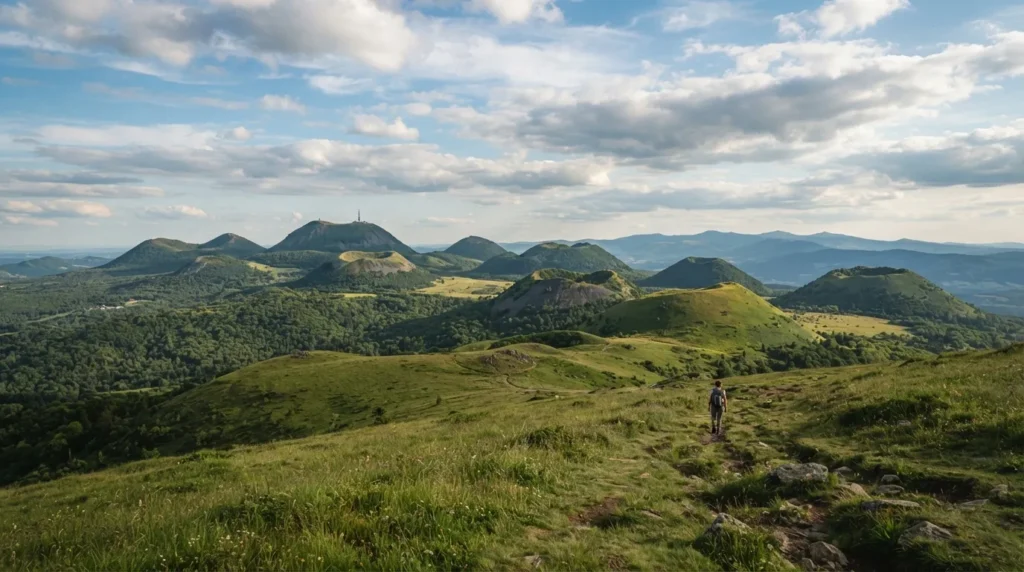 Vue panoramique sur les dômes et cônes de la Chaîne des Puys, avec le massif du Sancy en arrière-plan