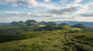 Vue panoramique sur les dômes et cônes de la Chaîne des Puys, avec le massif du Sancy en arrière-plan