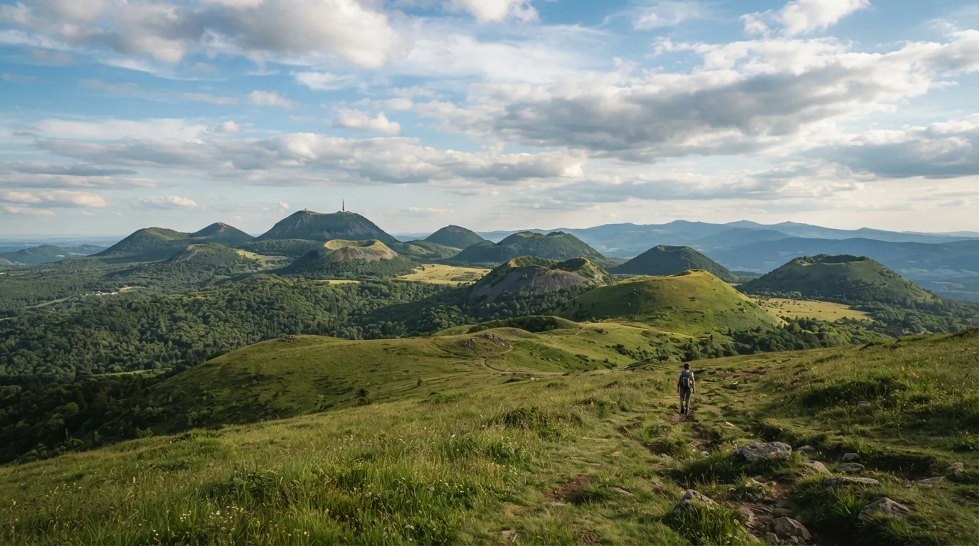 Vue panoramique sur les dômes et cônes de la Chaîne des Puys, avec le massif du Sancy en arrière-plan